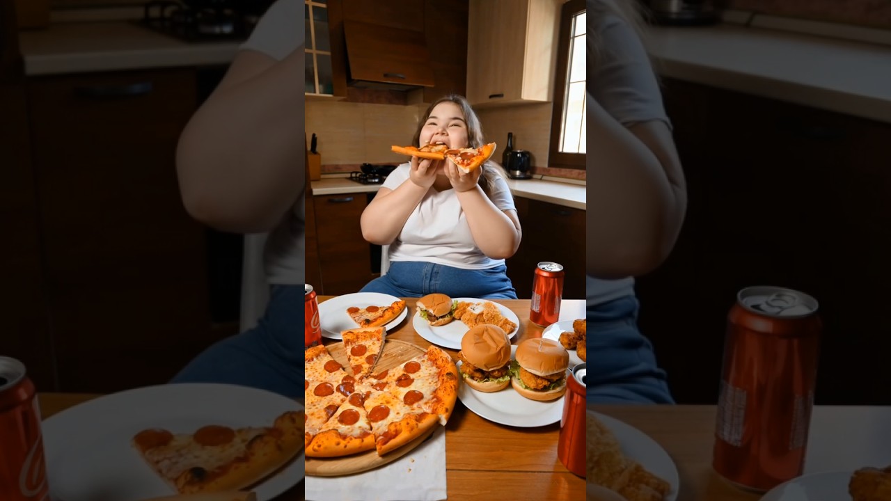 a fat girl eating very amount of junk food 