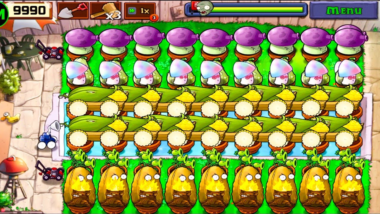 Plants Vs zombies Survival Pool Cob Cannon+Threepeater+Hypno+Fume Shroom Vs All Zombies Gameplay 