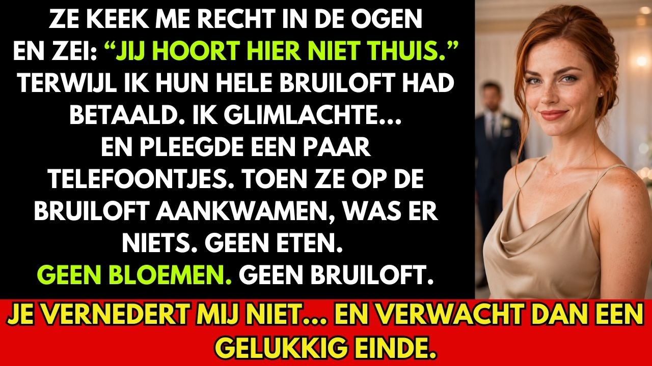 Ik had de hele bruiloft van mijn broer betaald — de locatie, de catering, de bloemen, alles stond op mijn naam. Op de dag zelf liep mijn eigen moeder naar me toe en zei voor het oog van iedereen:...