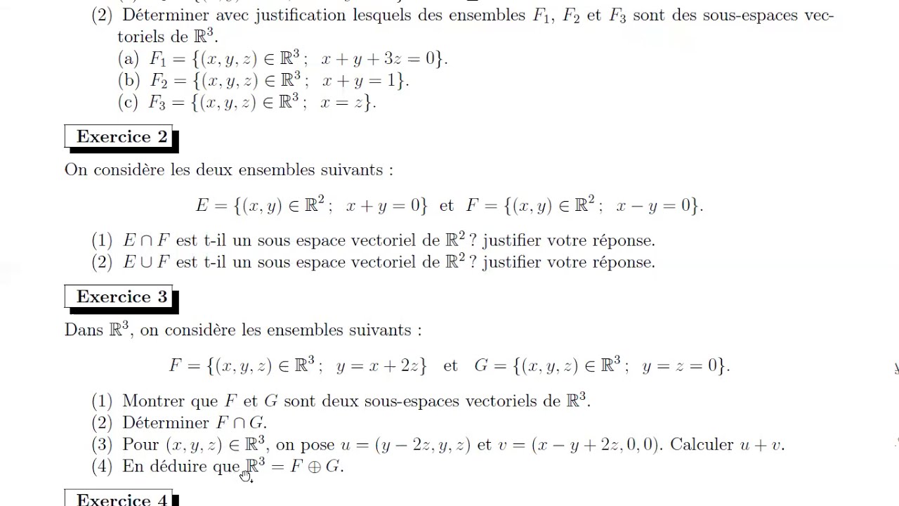 Ex 3 S1 Math 2 Les Sous Espaces Vectoriels 1ere Annee Lg Fseg Mahdia 21 Youtube
