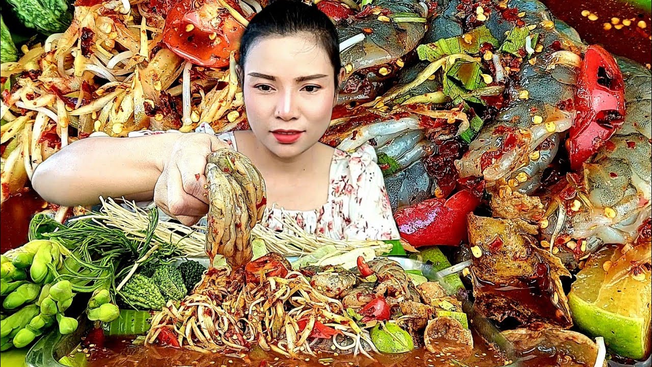 ตำซั่วกุ้งสดเผ็ดๆกับรากชูกรอบเเกล้มผักก้านจองผักสดเต็มถาด เเซ่บนัวร์ถึงใจ|ส้มซ่าพาเเซ่บ