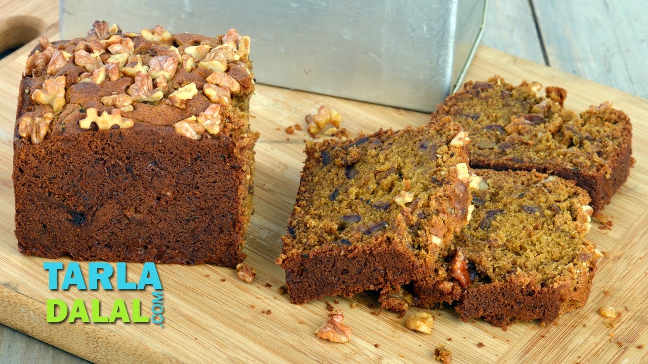 Date and Walnut Cake, Eggless Date and Walnut Cake by Tarla Dalal