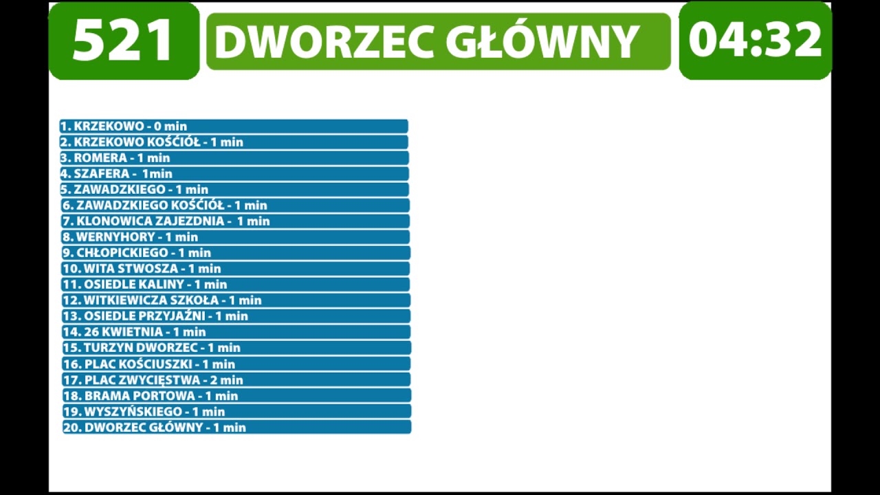 Zapowiedzi przystanków Linii 521 Krzekowo - Dworzec Główny