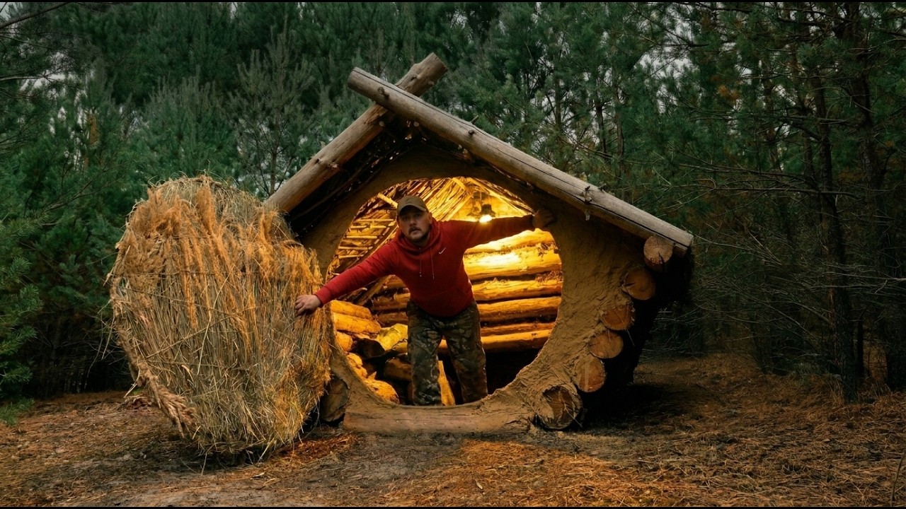 Building a Strong Log Cabin Shelter in the Wilderness | Hobbit Hole for ...