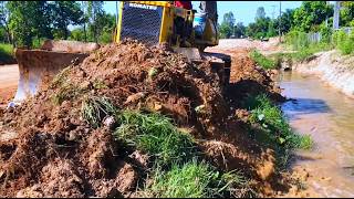 Nice Day! Starting Road Base Resizing By Expert Dozer Clearing Operation A Long The Road Edge