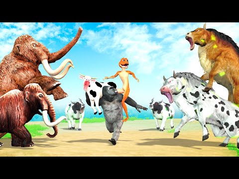 3 Mammoth Elephant vs 3 Zombie Cows vs 3 Zombie Bulls Fight Cartoon Cow Monkey Saved By Mammoth