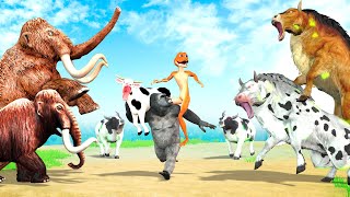 3 Mammoth Elephant vs 3 Zombie Cows vs 3 Zombie Bulls Fight Cartoon Cow Monkey Saved By Mammoth