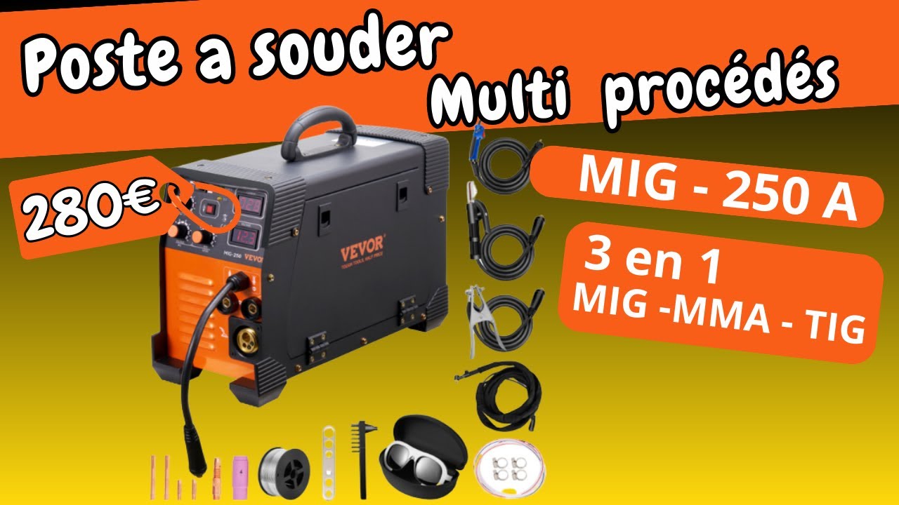 VEVOR Poste à Souder Portable Inverseur MIG-250 Soudeuse Inverseur à Fil  Fourré 3 en 1 MIG MMA TIG 250 A pour Soudage Acier au Carbone Fer Acier  Inox