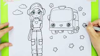 How to draw cute girl and cute school bus