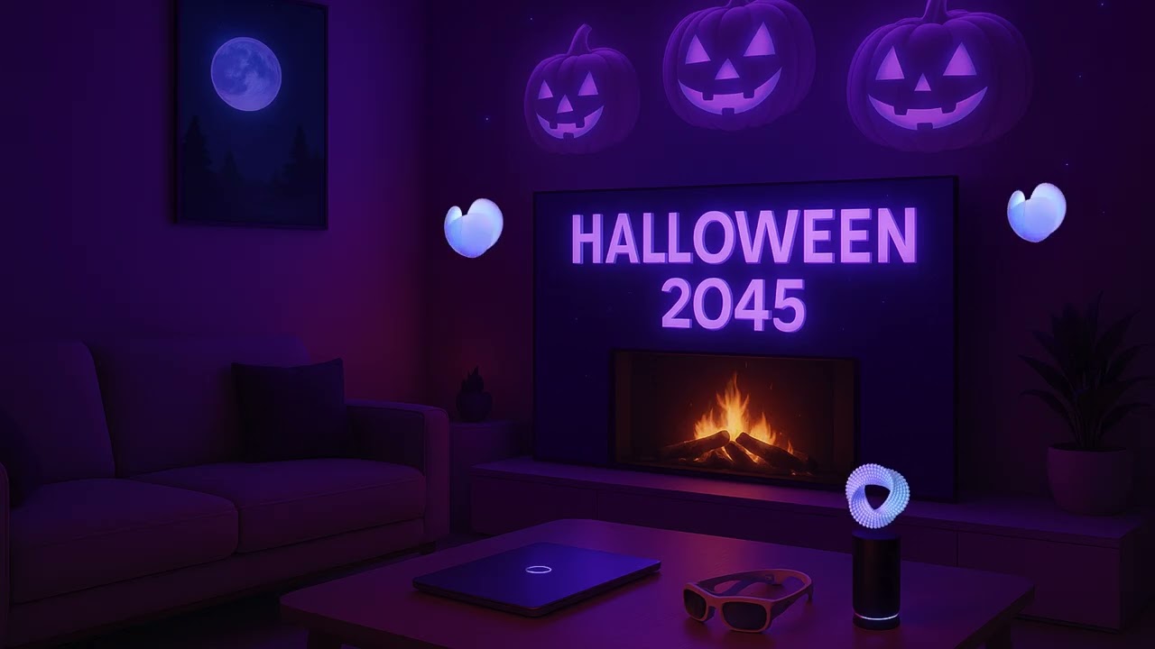 Halloween 2045 Ambience 🎃 | Futuristic Living Room, Fireplace & Tech Vibes | Relaxing Crackling Fire