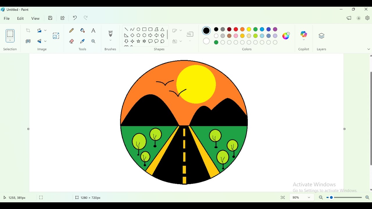 Simple Sunset Road Scenery Drawing in MS Paint | Easy Landscape Art Tutorial 🌄