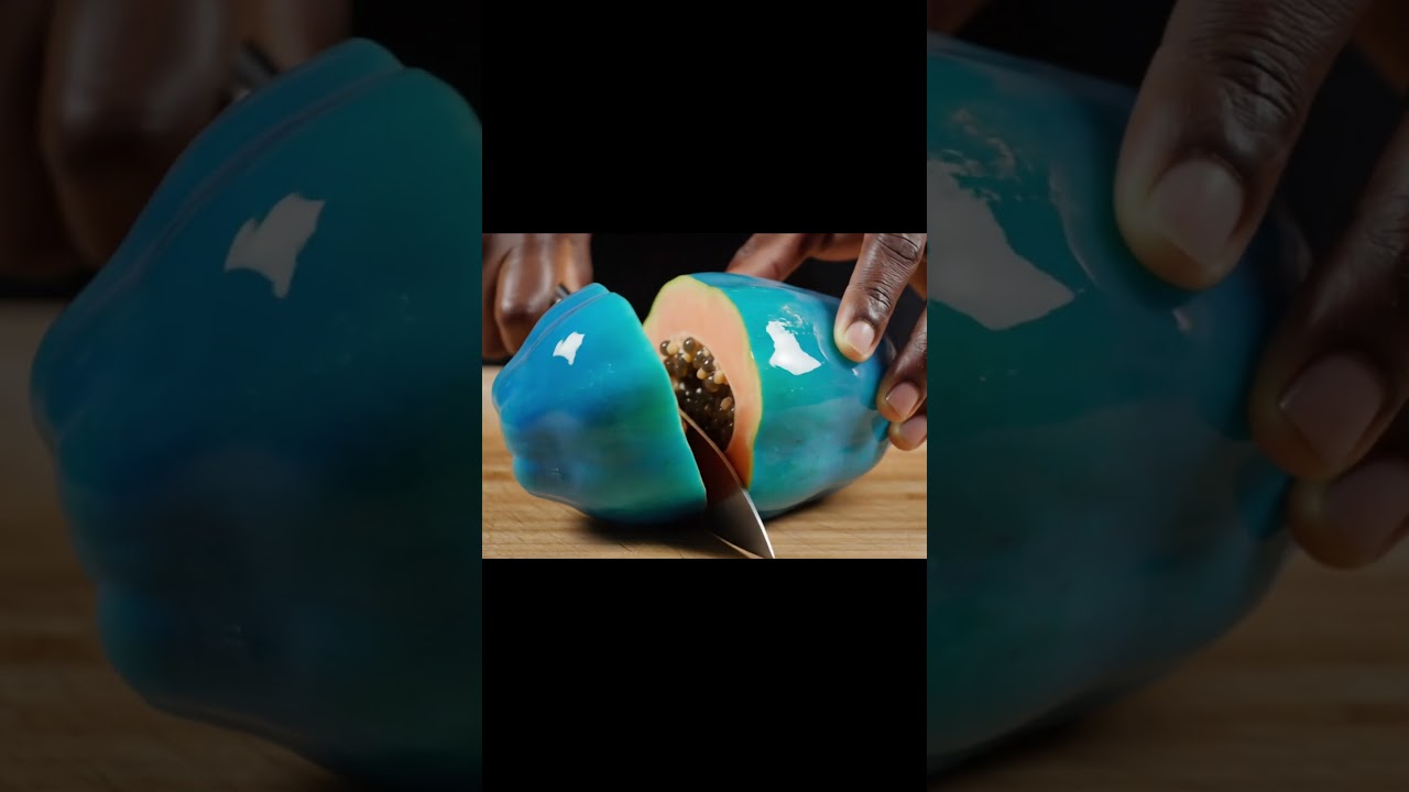 Cyan Papaya Cutting ASMR 🍈💎 Unreal Glass-Like Fruit Slicing | Most Satisfying Video Ever!
