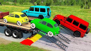 Flatbed Trailer Truck Potholes Transport Car Rescue - Cars vs Deep Water - BeamNG.drive