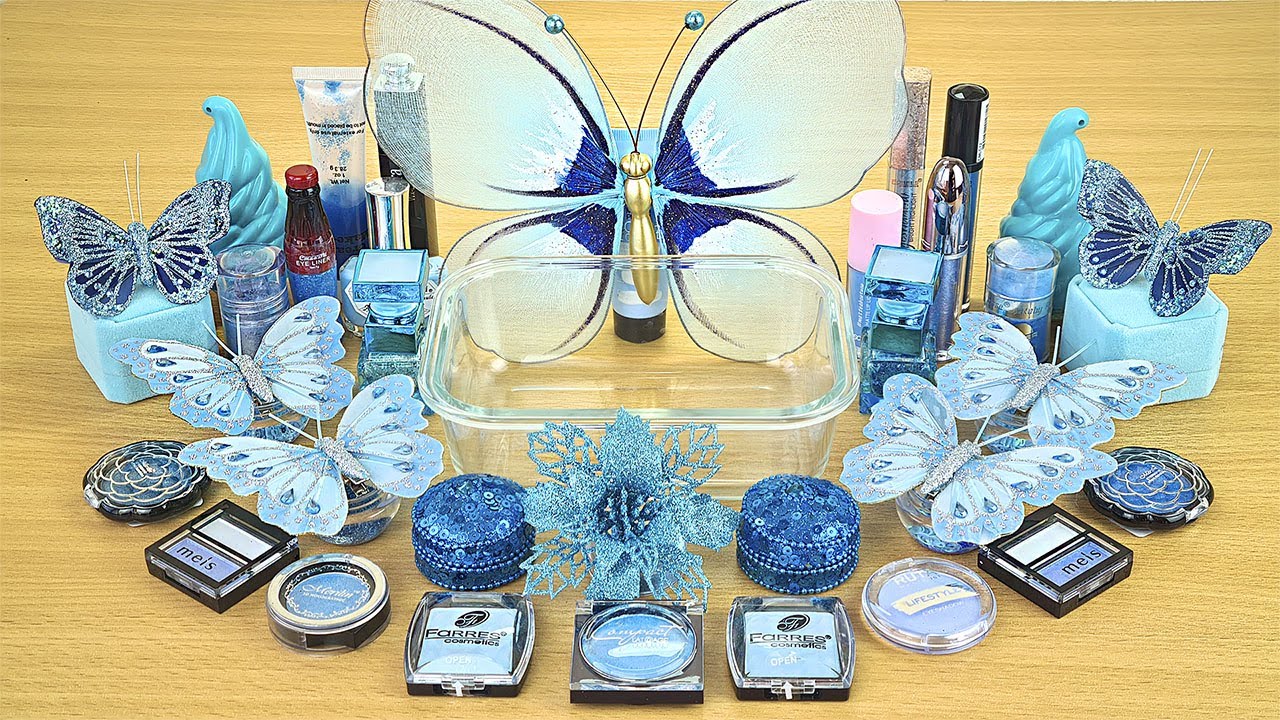 Blue BUTTERFLY SLIME Mixing makeup and glitter into Clear Slime Satisfying Slime Videos