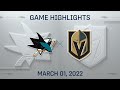 NHL Highlights | Sharks vs. Golden Knights - Mar. 1, 2022