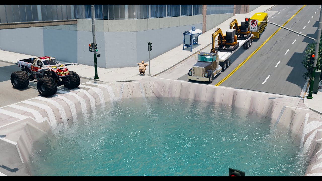 Cars Vs Giant Pit of Deep Water - Truck Flatbed Trailer Monster Jam Madness - BeamNG.Drive