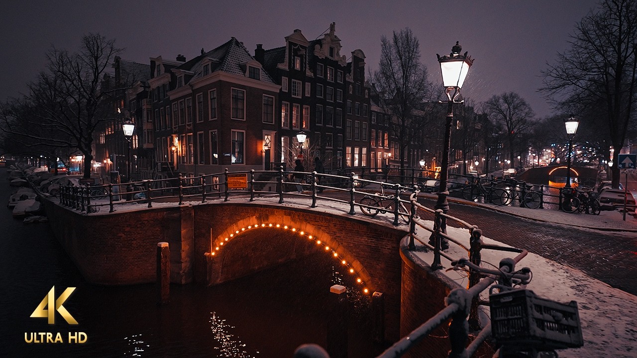 Snowy Night Walk in Amsterdam • Slow TV 4K