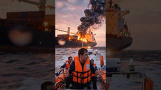 Rescue Boat Escapes as Burning Cargo Ship Sinks in the Ocean 😱#ShipSinking #OceanDisaster #CargoShip