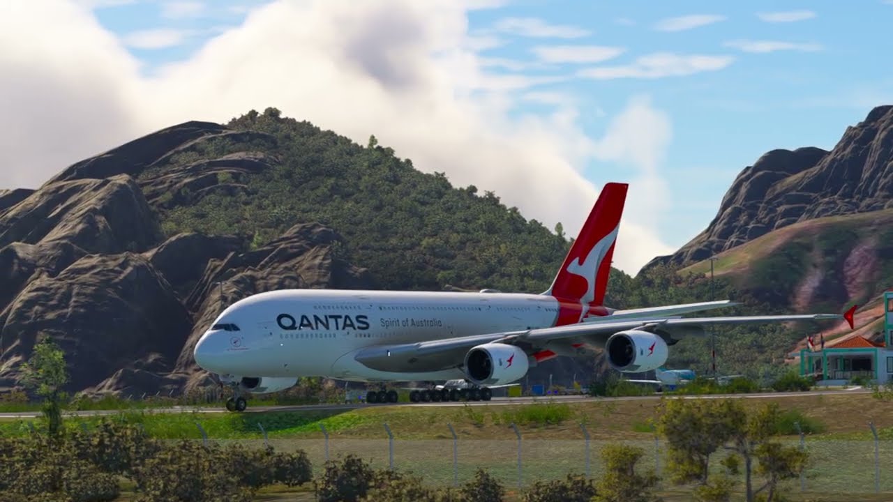 Very rare! A380 QANTAS Airlines takeoff From Tiny Runway Juancho E Yrausquin Airport