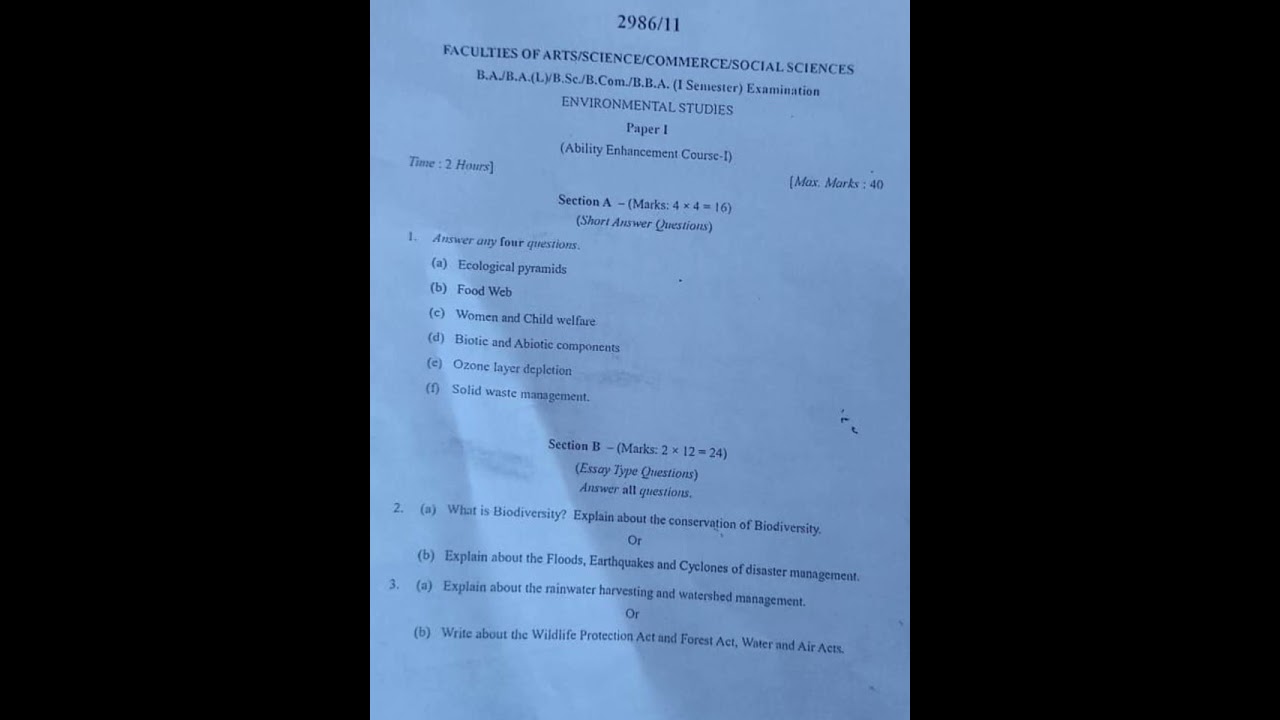 1st sem Environmental questions papers 2023 KU