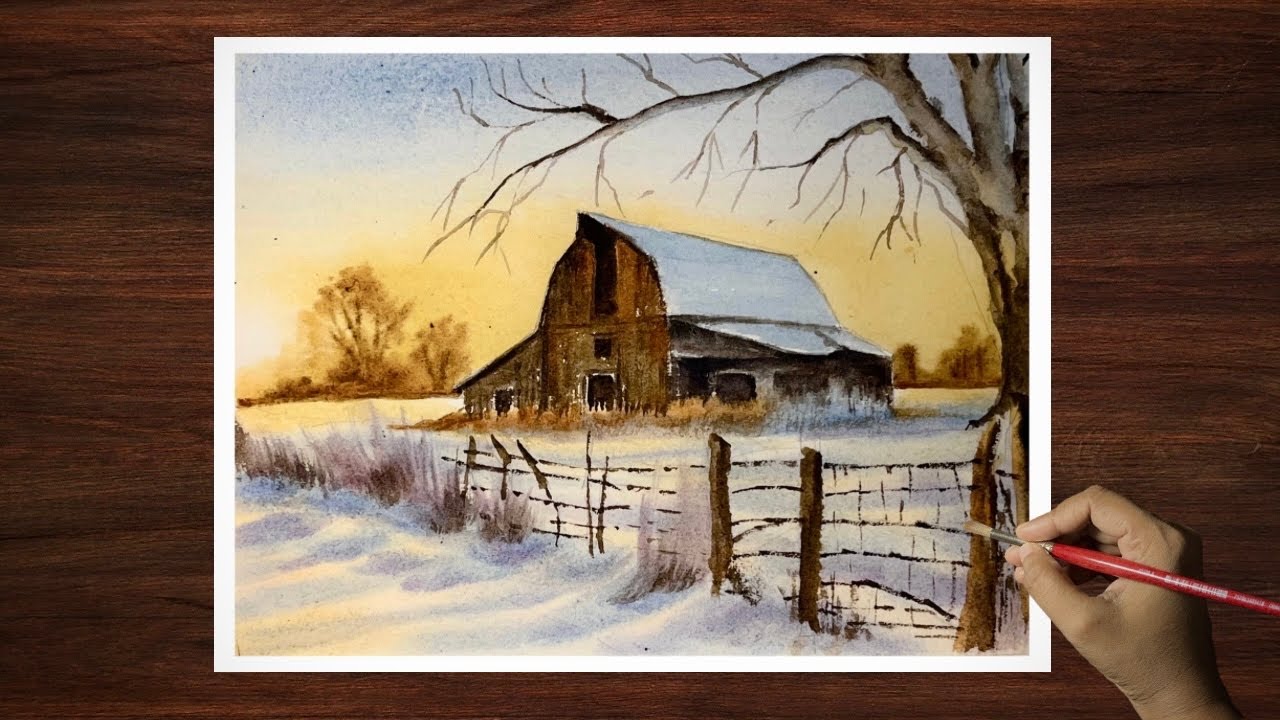 Watercolor SunSet and Winter Barn Landscape Painting 