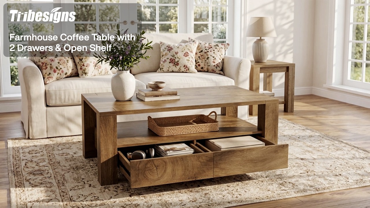 Thick Frame Farmhouse Wooden Coffee Table with Drawers & Open