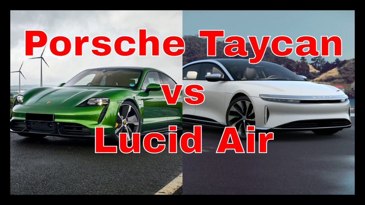 Porsche Taycan vs Lucid Air comparison image illustrating performance EV sedans side by side