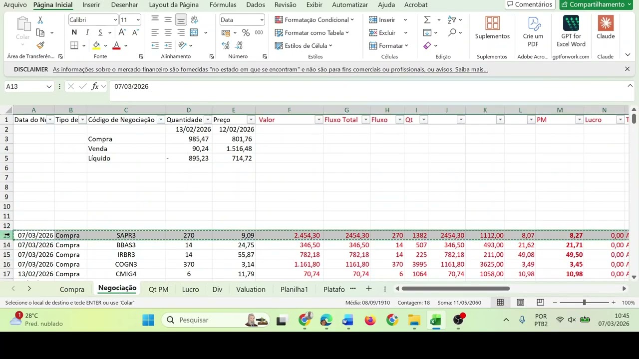 Carteira de Investimentos Automática Excel #001 #março
