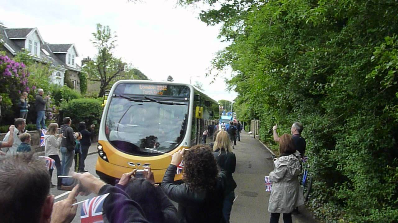 Olympic Torch, Bearsden, Scotland, The First Bus arrives YouTube