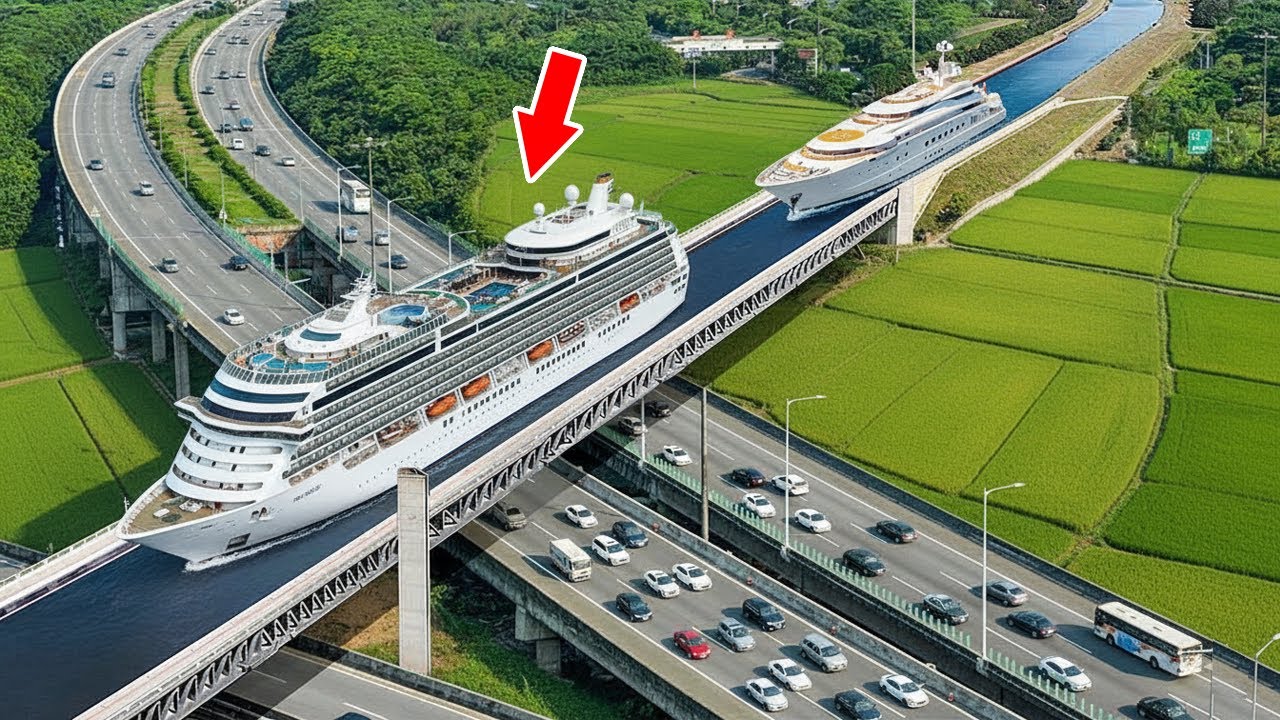 Tàu Thuyền Bơi Lội trên Cây Cầu Nước bắc ngang qua Cao Tốc ở Hà Lan