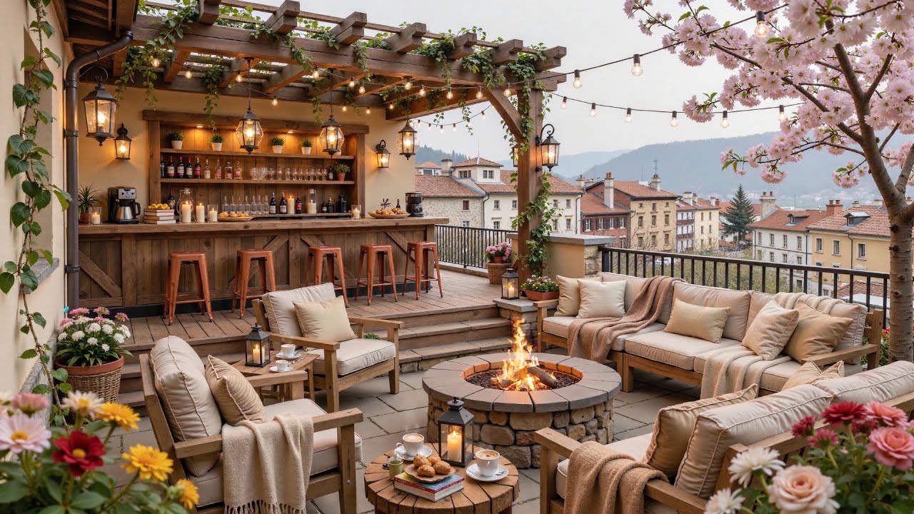 Quiet Spring Terrace Café Ambience ☕ Cozy Fire Pit, Soft Jazz & Warm Moments Over a Hillside Town