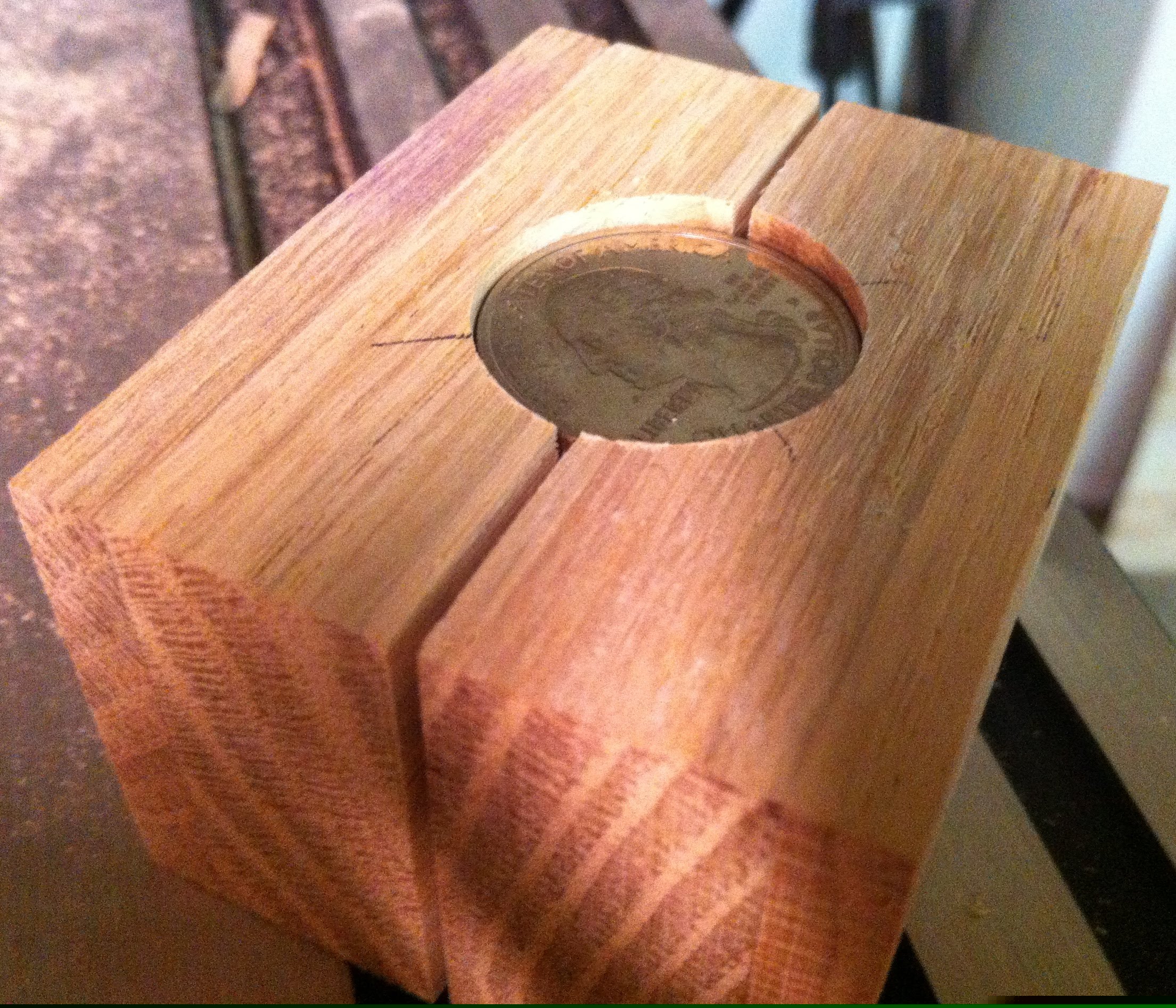Scroll saw Quarter Jig, vise clamp, cutting a quarter for jewelry