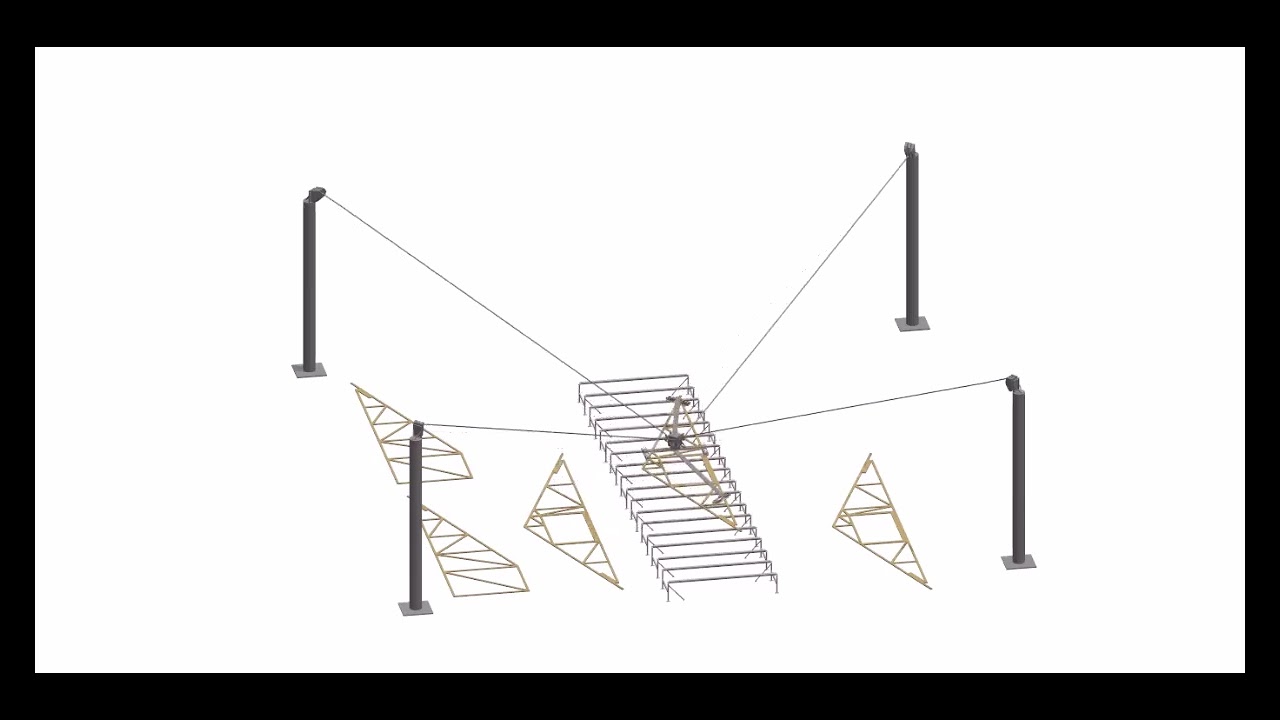 Cable robot stacking roof trusses in a simulated factory