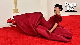 Liza Koshy falls on Oscars 2024 red carpet after stepping out in sky-high stilettos