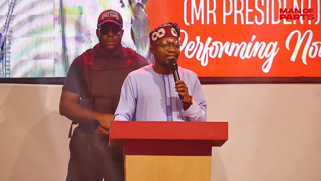 The president (Busymouth) came to address issues at man of parts . Very hilarious performance
