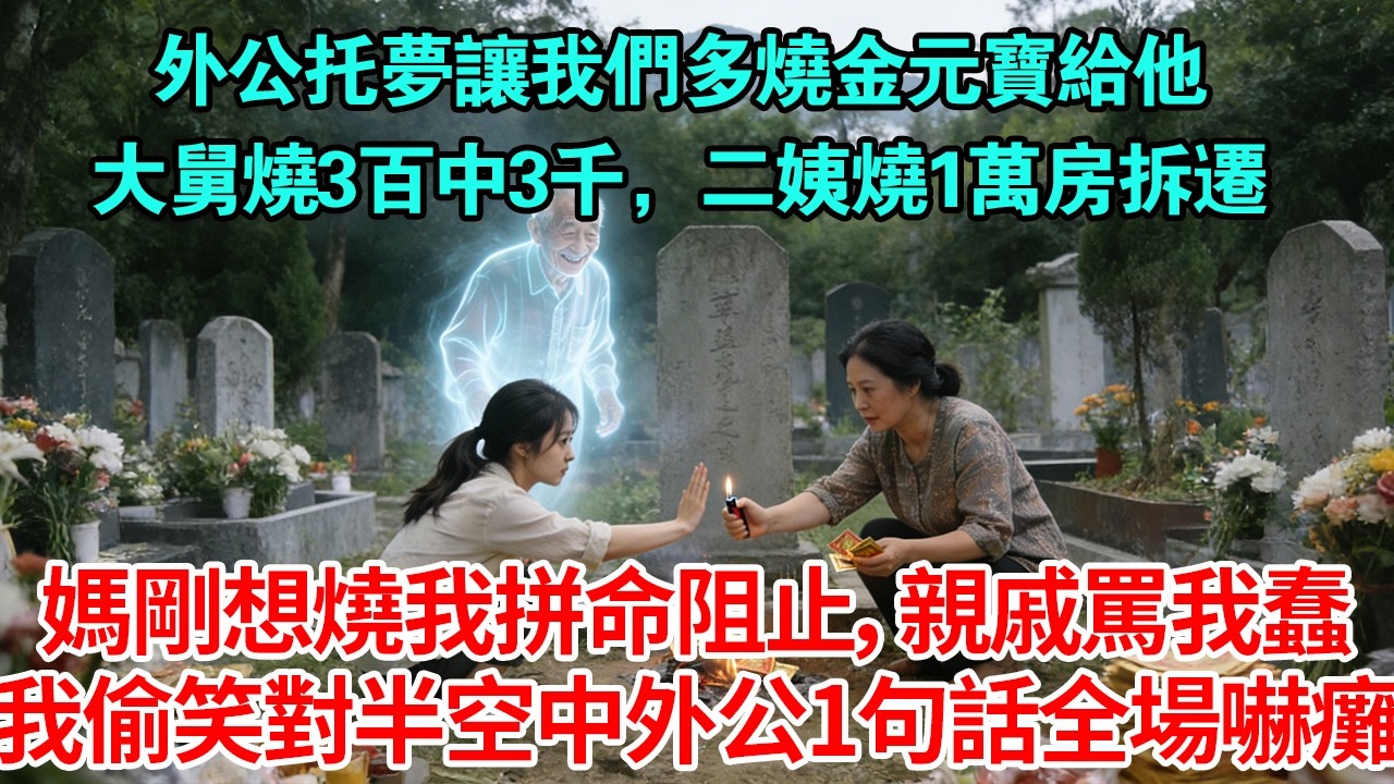 外公托夢讓我們多燒金元寶給他大舅燒3百中3千，二姨燒1萬房子拆遷媽剛想燒我拼命阻止，親戚罵我蠢我偷笑對半空中外公1句話全場嚇癱#為人處世#生活經驗#情感#故事#正能量