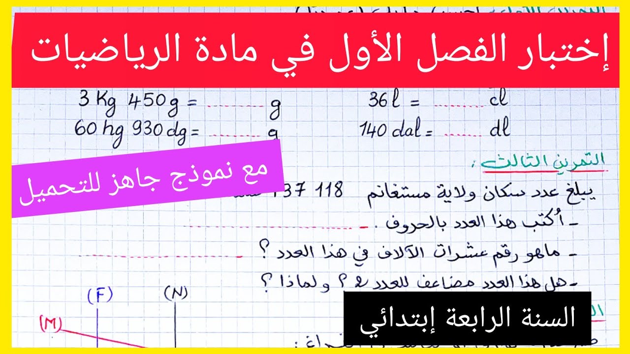 إختبار الفصل الأول في مادة الرياضيات للسنة الرابعة إبتدائي مع نموذج جاهز للتحميل