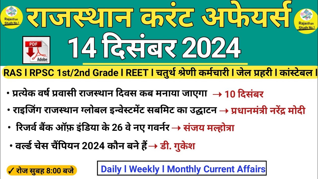 14 December 2024 Rajasthan Current Affairs in Hindi l Today Current ...