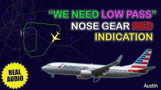 Nose gear red indication. Low pass. American Boeing 737 has problems at Austin. Real ATC