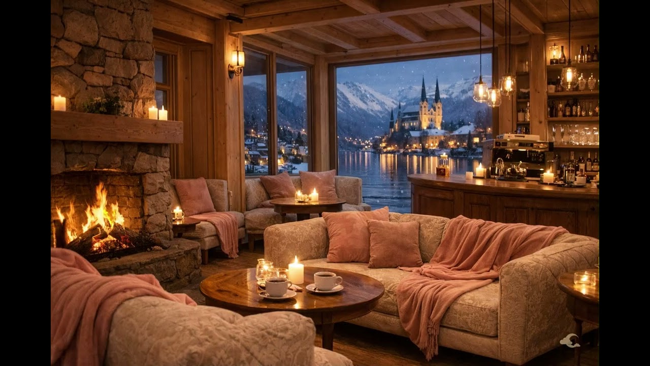 Mellow Jazz at our Fireside Café ☕ Cozy Coffee Shop Ambience with Fireplace & Snowy Lake View