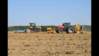Agri Detroz au semis des engrais vert avec un challenger MT765C et un Massey Ferguson 8737