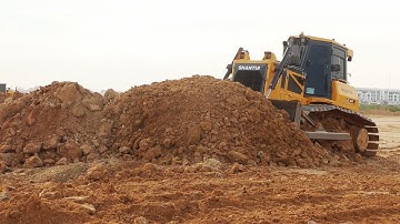 Most extreme land filling equipment SHANTUI Bulldozer pushing soil & Truck unloading soil