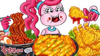 Mukbang Animation | Fried Chicken, Spiry Noodles, Convenience Store | 대왕 짜장왕뚜껑 삼각김밥 스팸 먹방