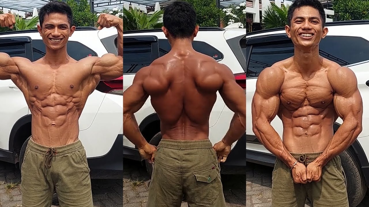 asian muscle with ripped muscle posing & flexing