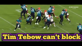 Tim Tebow throws the weakest block in history on a defender during a run Play