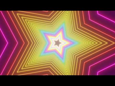 Endless Rainbow Colored Neon Glowing Star Shape Kaleidoscoping Tunnel 4K OLED Safe Visual Background