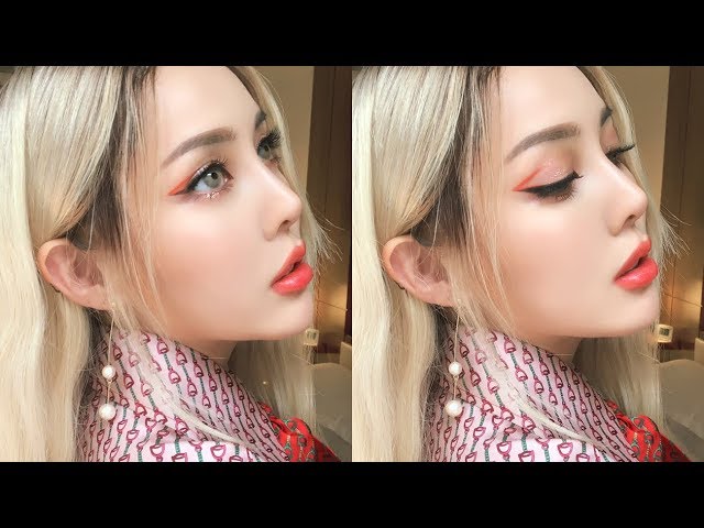 Pop of orange graphic line makeup in NYC (With sub)