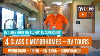See 4 Class C Motorhomes – RV Tours of Winnebago, Tiffin, Entegra, Showhauler | Tampa RV Show 2019