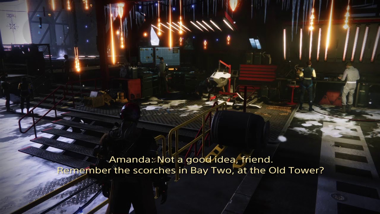 Idle Dialogue, Tower Hangar | Amanda Holliday: "Scorches at Bay Two, at the Old Tower" | Destiny 2