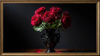 Velvet Red Roses in Shadow, Elegant Floral Still Life | Gold Framed TV Art Screensaver screenshot 5